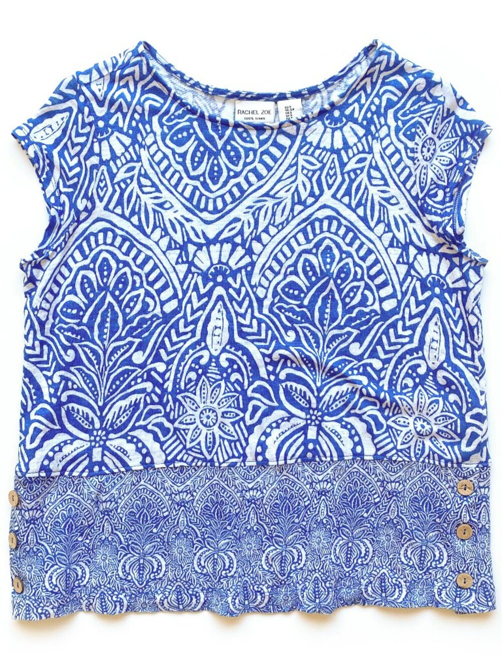 Rachel Zoe Linen Blue White Floral Print Cap Sleeve Top Side Buttons Size S